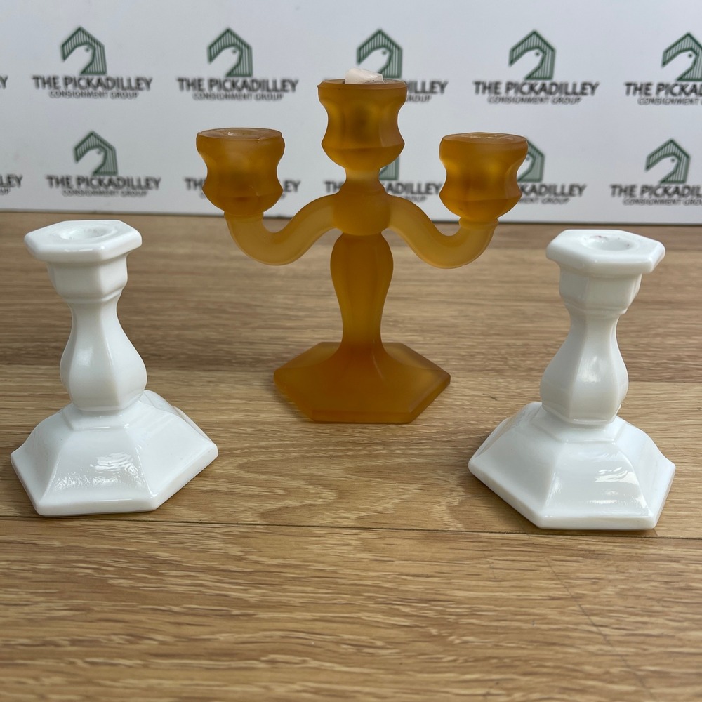 Vintage Amber Frosted Glass Candelabra and White Milk Glass Taper Holder Set 3pc